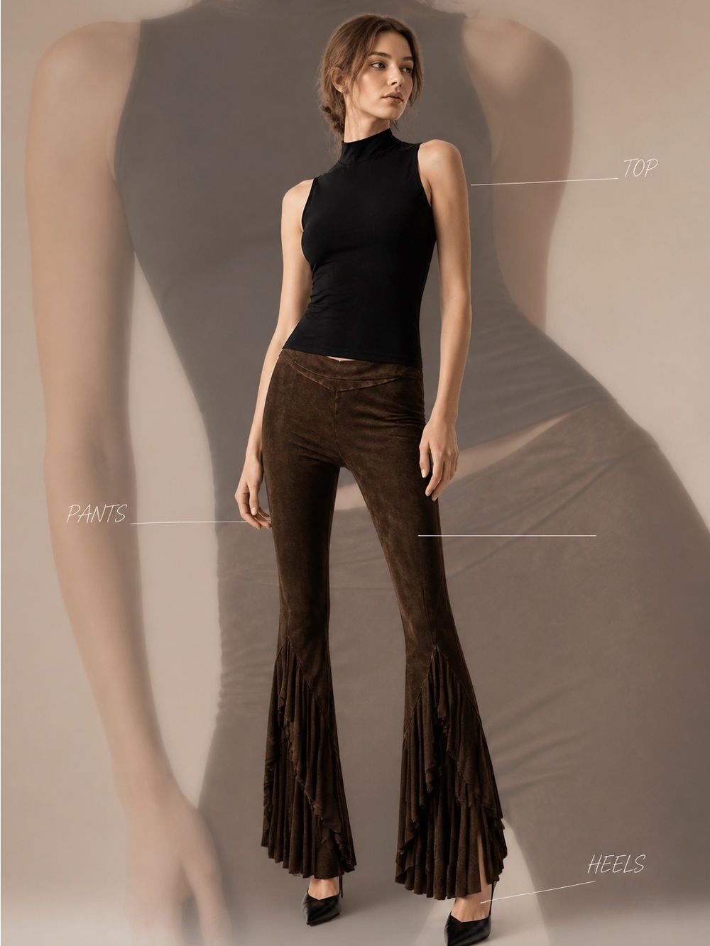 T Party Mineral Wash Tulip Flare Women's XL Brown Foldover Waist Ruffle Pants